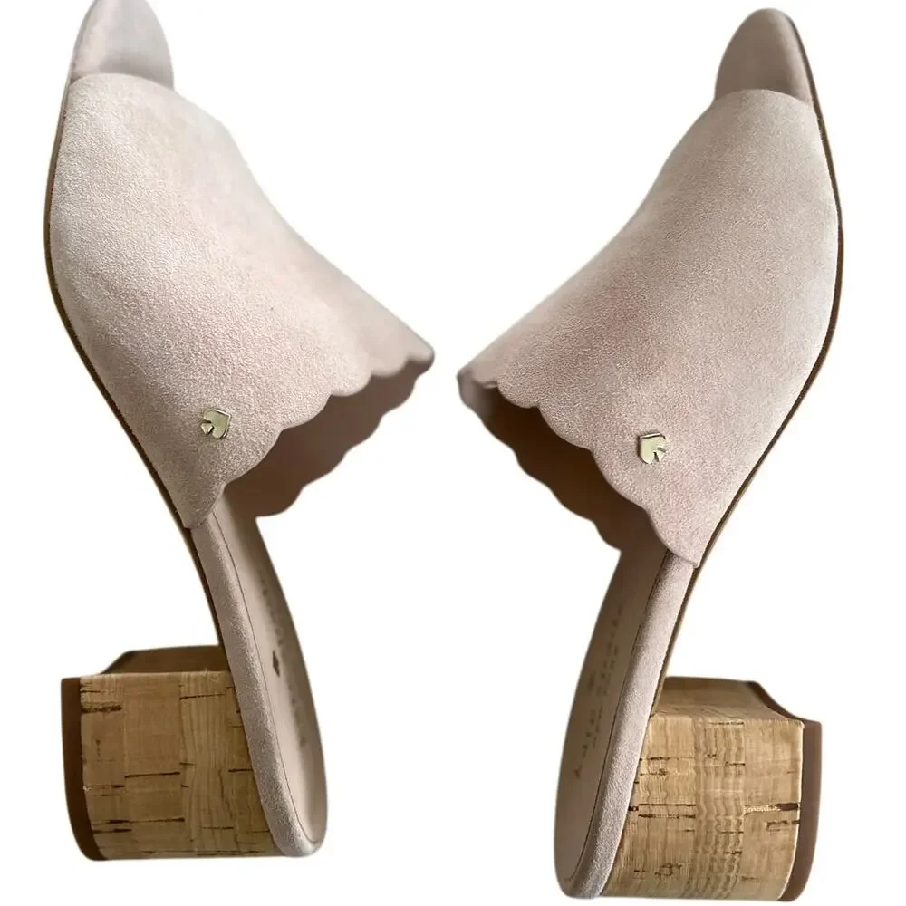 Kate Spade Blythe Blush Pink Suede Cork Heel Slip On Mule